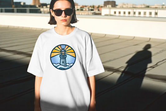 LIGHTHOUSE IN A CIRCLE GRAPHIC PRINT HIGH QUALITY HEAVY COTTON T-SHIRT (UNISEX)
