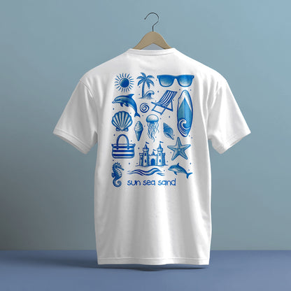 SUN SEA SAND BEACH THEMED BLUE PRINT HIGH QUALITY HEAVY COTTON T-SHIRT (UNISEX)