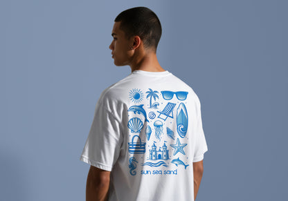 SUN SEA SAND BEACH THEMED BLUE PRINT HIGH QUALITY HEAVY COTTON T-SHIRT (UNISEX)