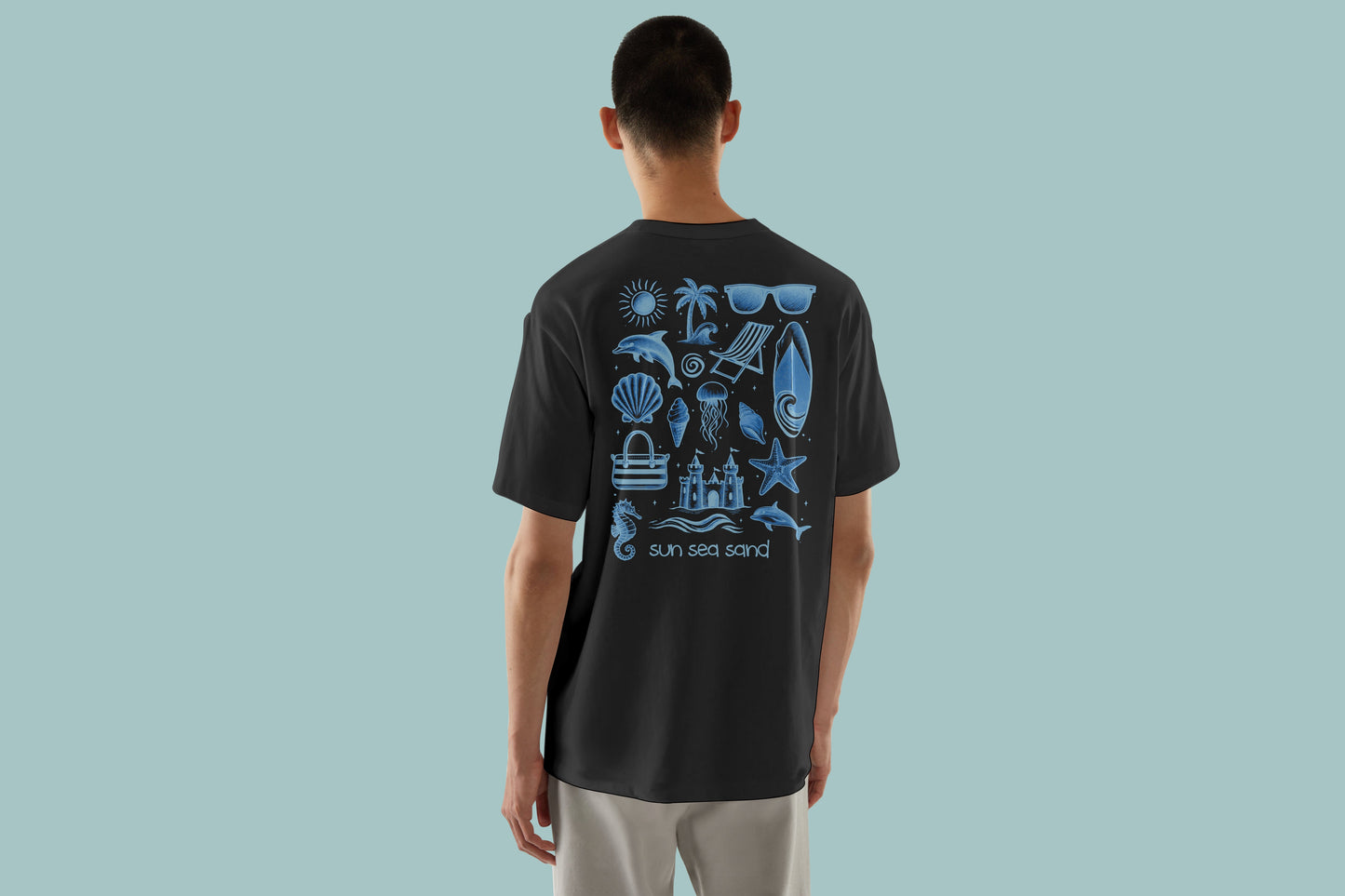 SUN SEA SAND BEACH THEMED BLUE PRINT HIGH QUALITY HEAVY COTTON T-SHIRT (UNISEX)