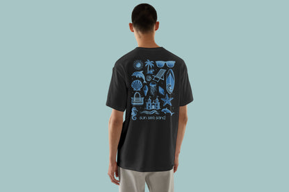 SUN SEA SAND BEACH THEMED BLUE PRINT HIGH QUALITY HEAVY COTTON T-SHIRT (UNISEX)