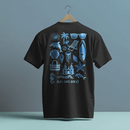 SUN SEA SAND BEACH THEMED BLUE PRINT HIGH QUALITY HEAVY COTTON T-SHIRT (UNISEX)