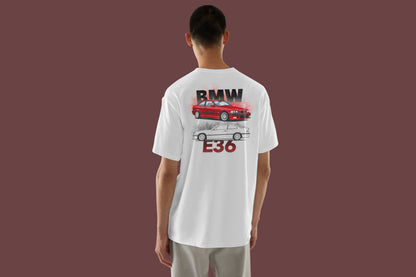 BMW E36 RED DESIGN CAR PRINT HIGH QUALITY HEAVY COTTON T-SHIRT (UNISEX)