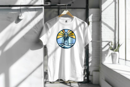 LIGHTHOUSE IN A CIRCLE GRAPHIC PRINT HIGH QUALITY HEAVY COTTON T-SHIRT (UNISEX)