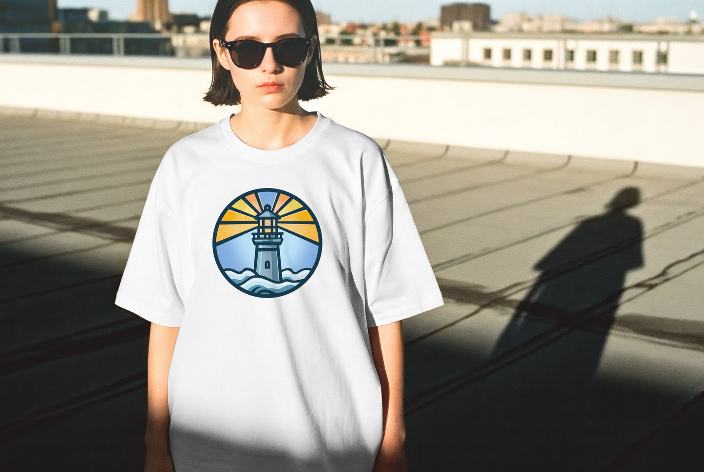 LIGHTHOUSE IN A CIRCLE GRAPHIC PRINT HIGH QUALITY HEAVY COTTON T-SHIRT (UNISEX)