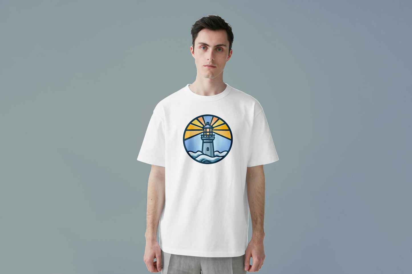 LIGHTHOUSE IN A CIRCLE GRAPHIC PRINT HIGH QUALITY HEAVY COTTON T-SHIRT (UNISEX)