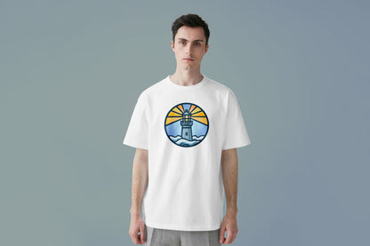 LIGHTHOUSE IN A CIRCLE GRAPHIC PRINT HIGH QUALITY HEAVY COTTON T-SHIRT (UNISEX)