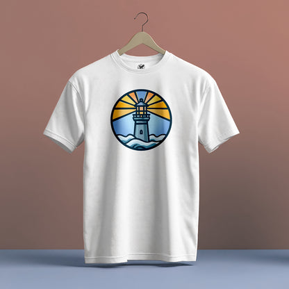 LIGHTHOUSE IN A CIRCLE GRAPHIC PRINT HIGH QUALITY HEAVY COTTON T-SHIRT (UNISEX)
