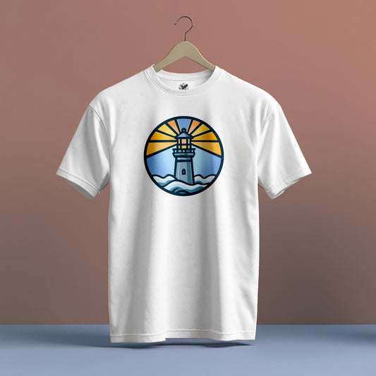 LIGHTHOUSE IN A CIRCLE GRAPHIC PRINT HIGH QUALITY HEAVY COTTON T-SHIRT (UNISEX)