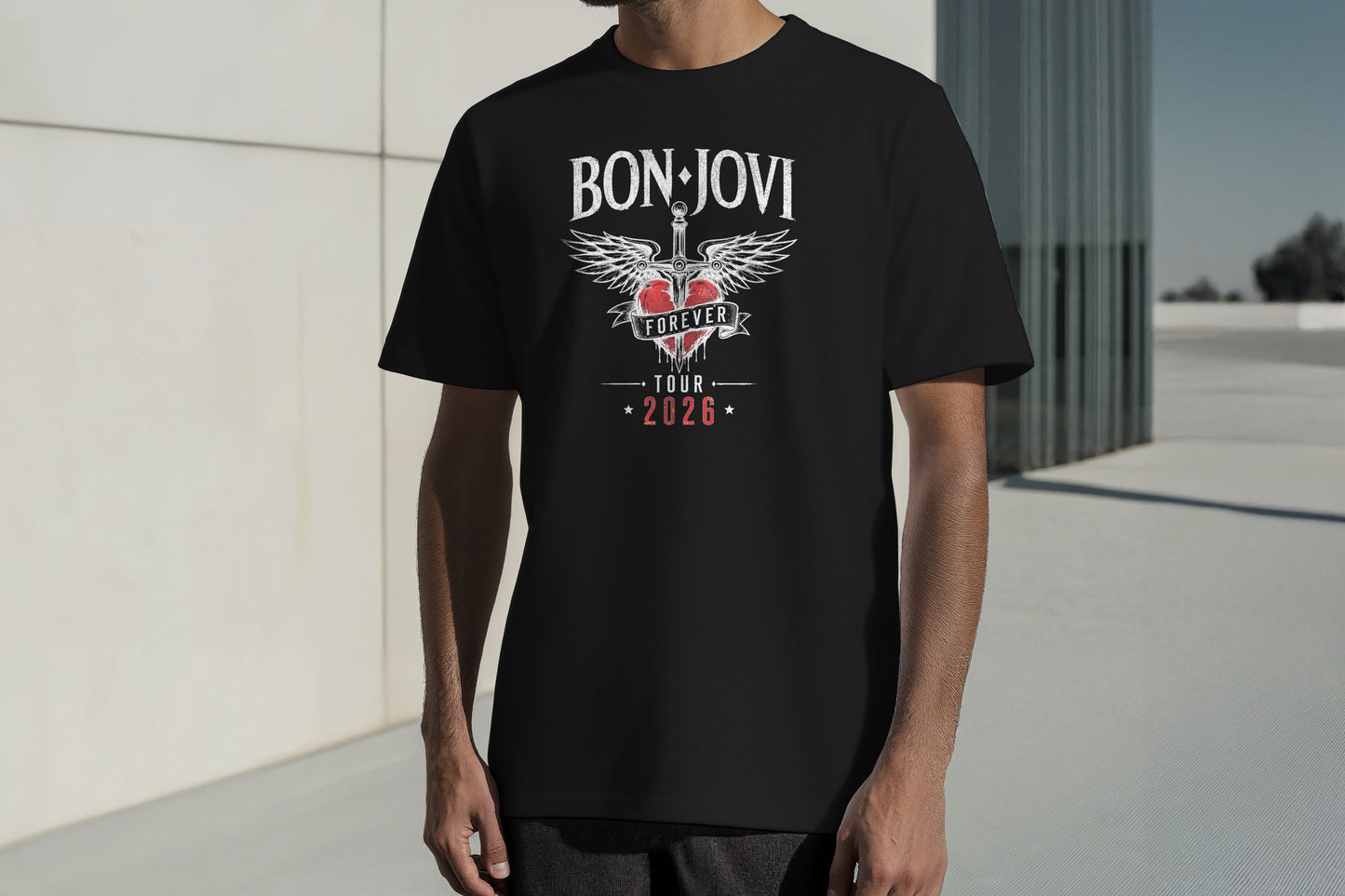 BON JOVI FOREVER TOUR 2026 HIGH QUALITY HEAVY COTTON BLACK T-SHIRT (UNISEX)