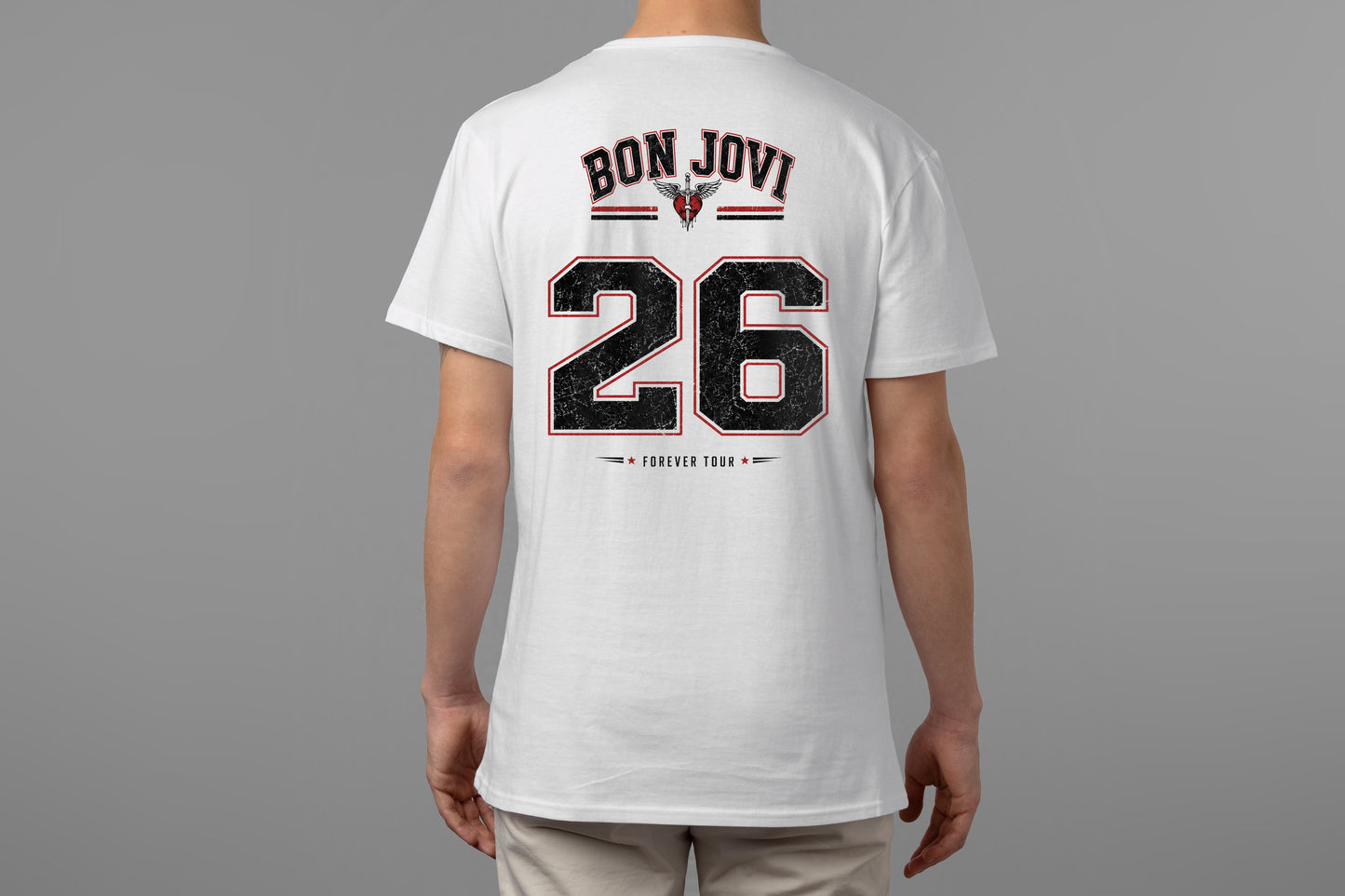 BON JOVI '26' FOREVER TOUR JERSEY STYLE HIGH QUALITY HEAVY COTTON WHITE T-SHIRT (UNISEX)