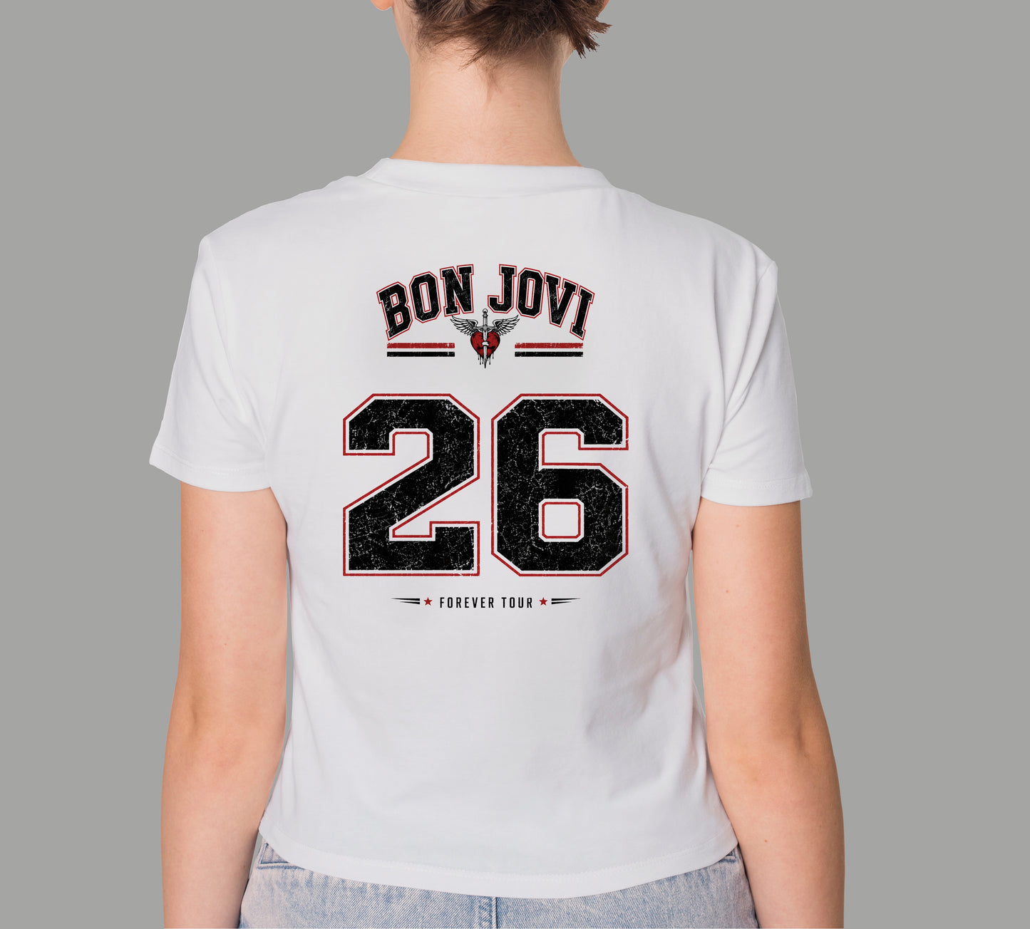 BON JOVI '26' FOREVER TOUR JERSEY STYLE HIGH QUALITY HEAVY COTTON WHITE T-SHIRT (UNISEX)