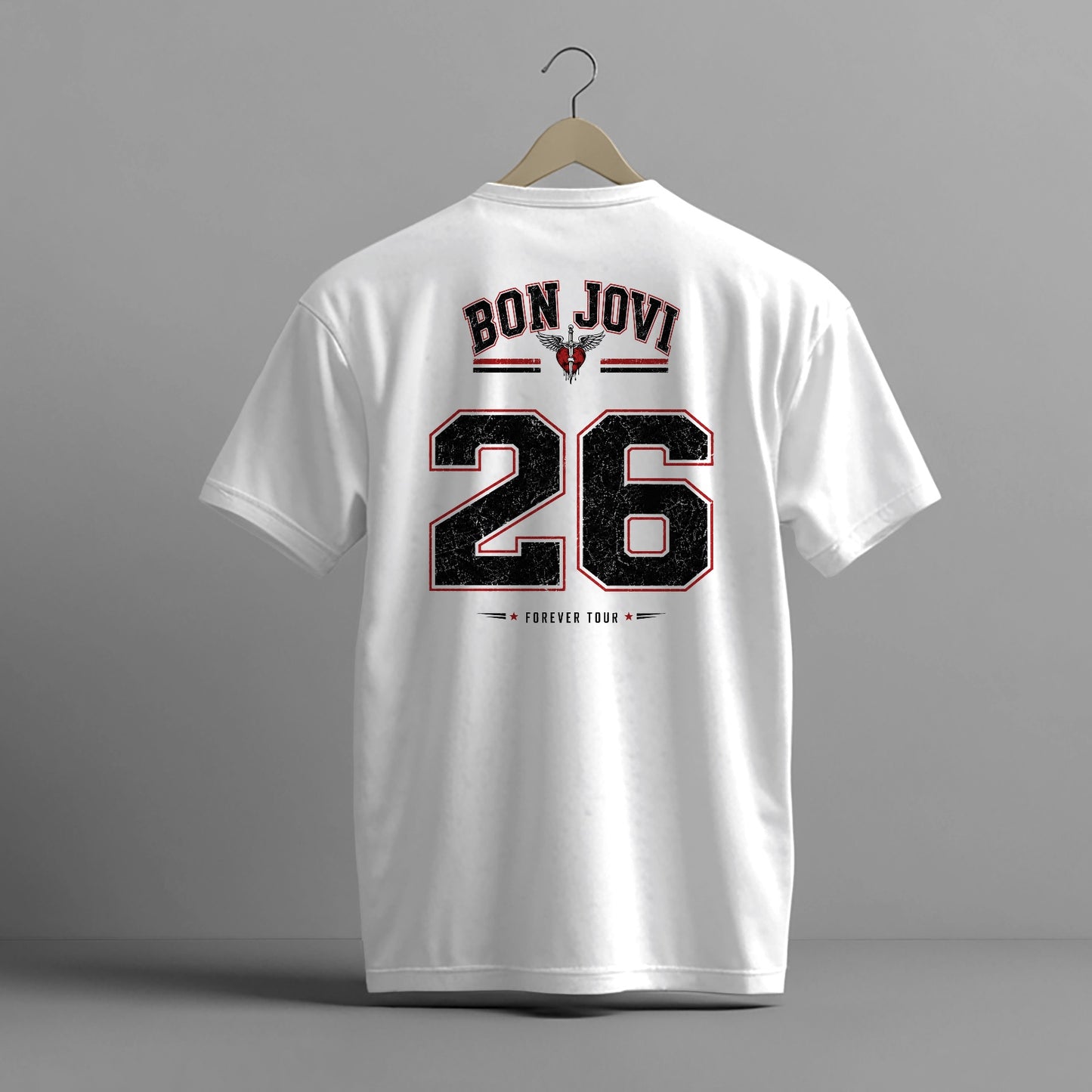 BON JOVI '26' FOREVER TOUR JERSEY STYLE HIGH QUALITY HEAVY COTTON WHITE T-SHIRT (UNISEX)