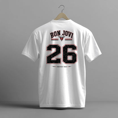 BON JOVI '26' FOREVER TOUR JERSEY STYLE HIGH QUALITY HEAVY COTTON WHITE T-SHIRT (UNISEX)