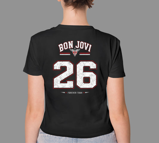 BON JOVI '26' FOREVER TOUR JERSEY STYLE HIGH QUALITY HEAVY COTTON BLACK T-SHIRT (UNISEX)