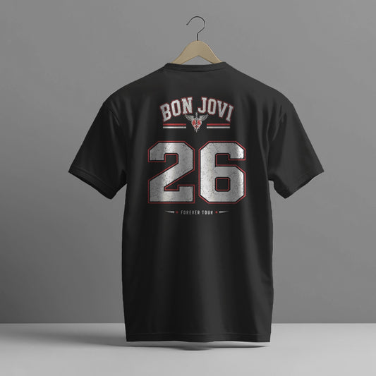 BON JOVI '26' FOREVER TOUR JERSEY STYLE HIGH QUALITY HEAVY COTTON BLACK T-SHIRT (UNISEX)
