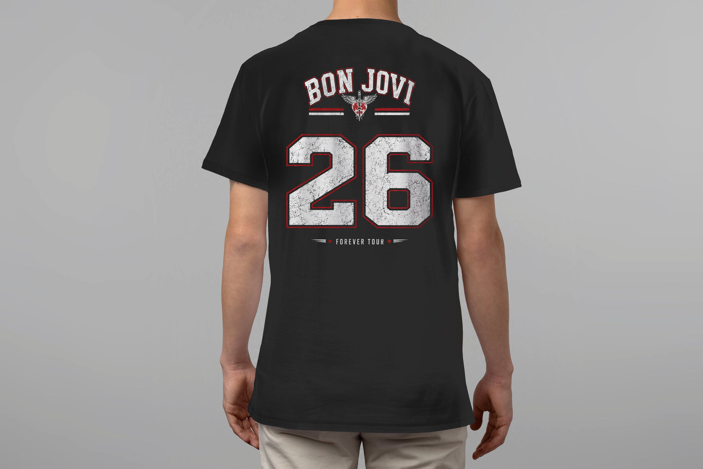 BON JOVI '26' FOREVER TOUR JERSEY STYLE HIGH QUALITY HEAVY COTTON BLACK T-SHIRT (UNISEX)